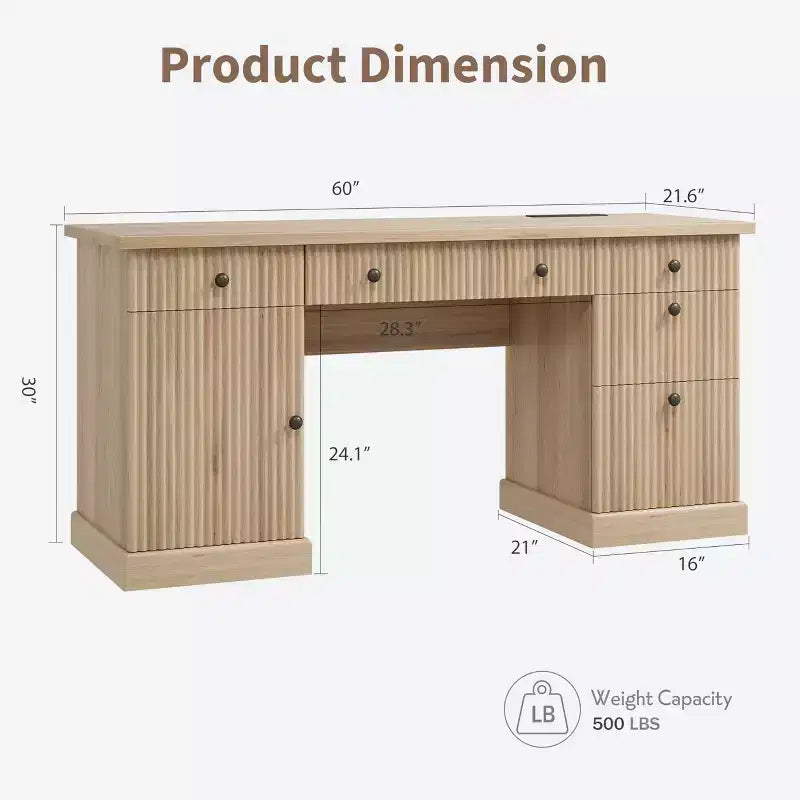 Rangement de bureau cannelé pour bureau à domicile, bureau de direction moderne de 60 pouces avec station de charge, bureau d'ordinateur en bois avec tiroirs de classement pour salle d'étude