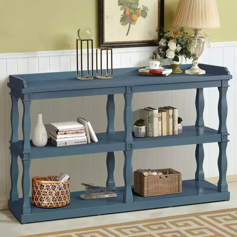 Console étroite avec 3 étagères ouvertes et pieds colonnes romaines – 152 cm