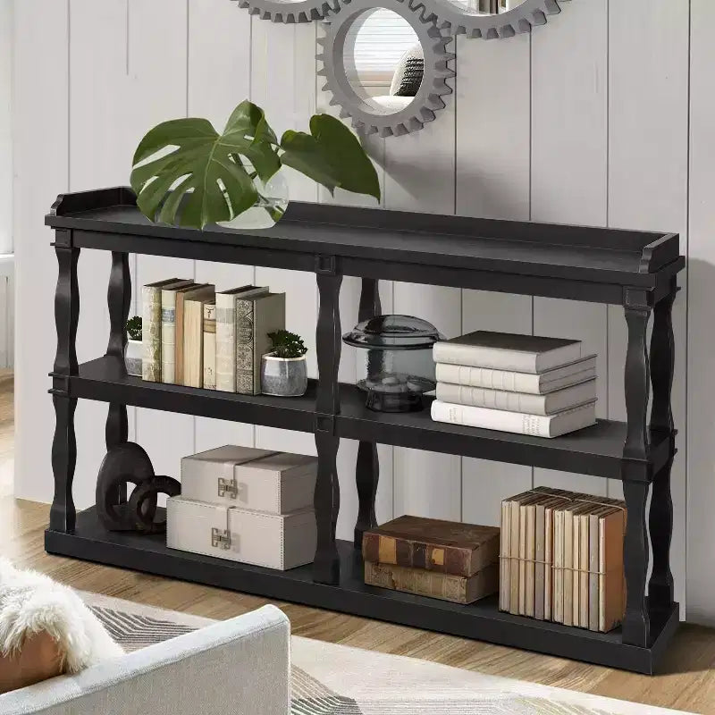 Console étroite avec 3 étagères ouvertes et pieds colonnes romaines – 152 cm