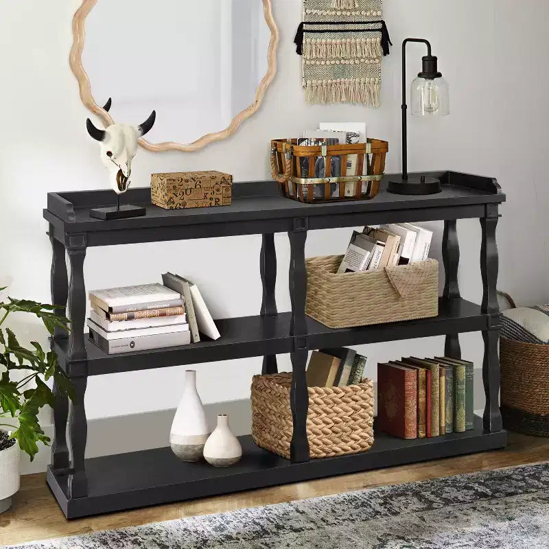 Console étroite avec 3 étagères ouvertes et pieds colonnes romaines – 152 cm