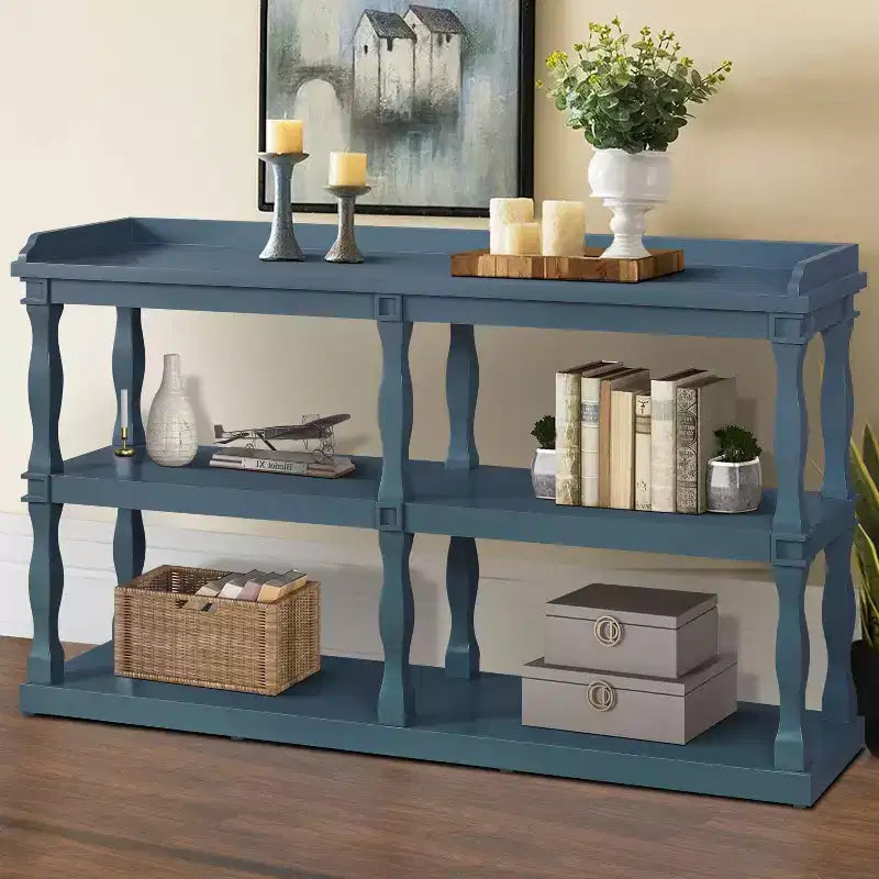 Console étroite avec 3 étagères ouvertes et pieds colonnes romaines – 152 cm