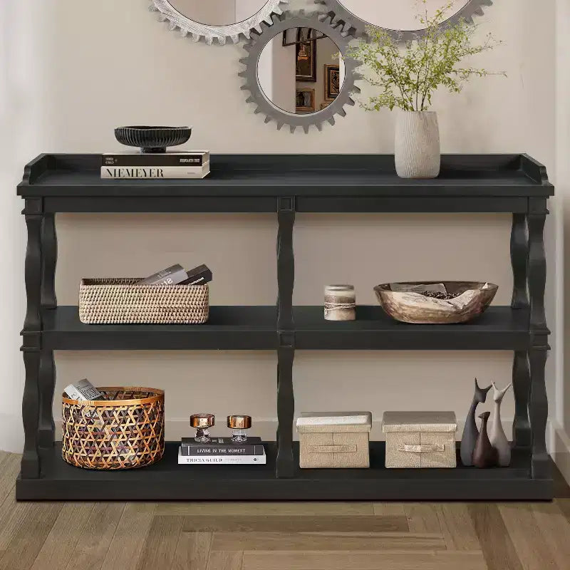 Console étroite avec 3 étagères ouvertes et pieds colonnes romaines – 152 cm