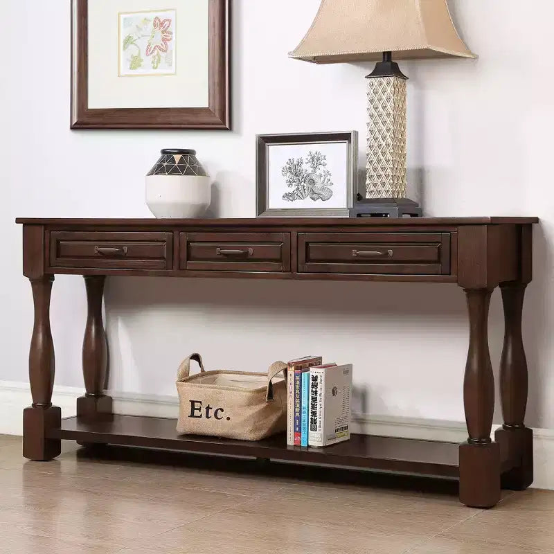 Table console vintage en pin de 61 po avec 3 tiroirs et une étagère inférieure – Blanche