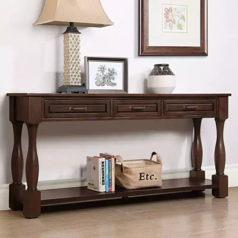 Table console vintage en pin de 61 po avec 3 tiroirs et une étagère inférieure – Blanche