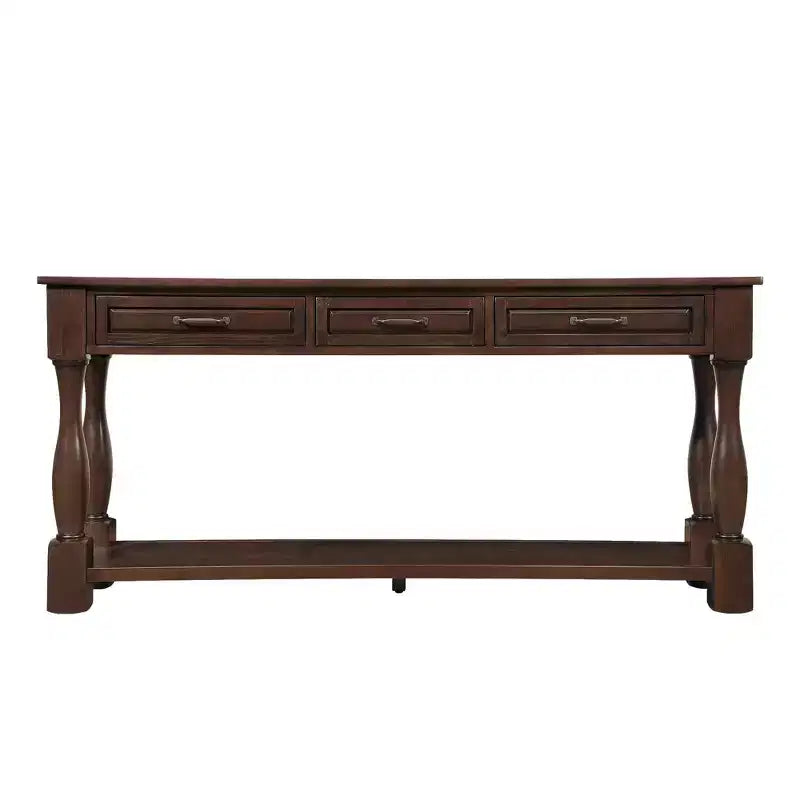Table console vintage en pin de 61 po avec 3 tiroirs et une étagère inférieure – Blanche