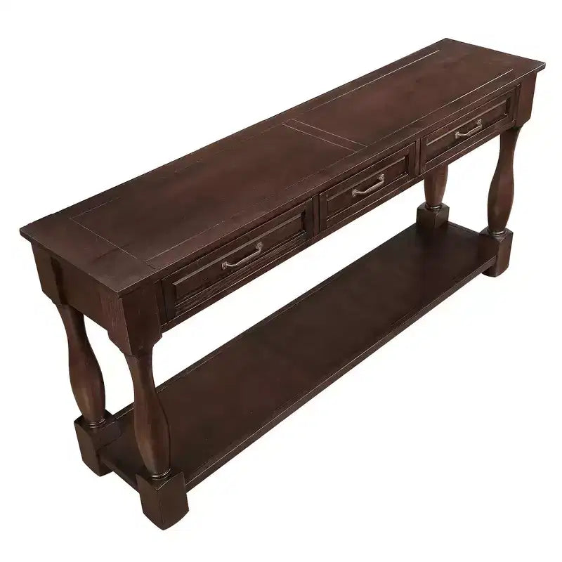 Table console vintage en pin de 61 po avec 3 tiroirs et une étagère inférieure – Blanche