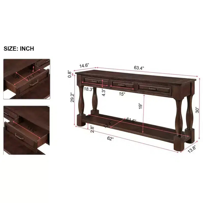 Table console vintage en pin de 61 po avec 3 tiroirs et une étagère inférieure – Blanche