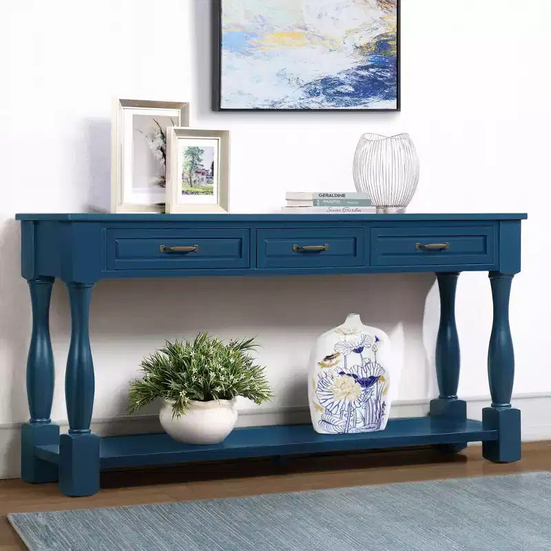 Table console vintage en pin de 61 po avec 3 tiroirs et une étagère inférieure – Blanche