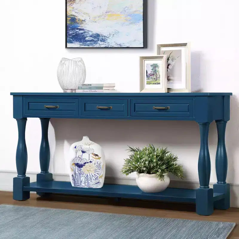 Table console vintage en pin de 61 po avec 3 tiroirs et une étagère inférieure – Blanche