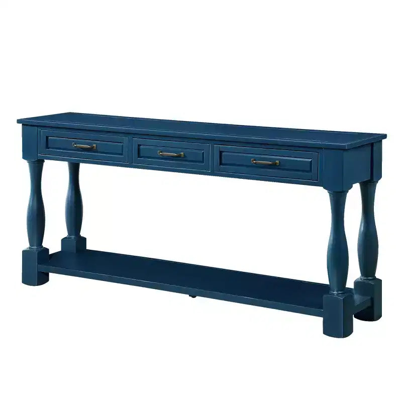 Table console vintage en pin de 61 po avec 3 tiroirs et une étagère inférieure – Blanche