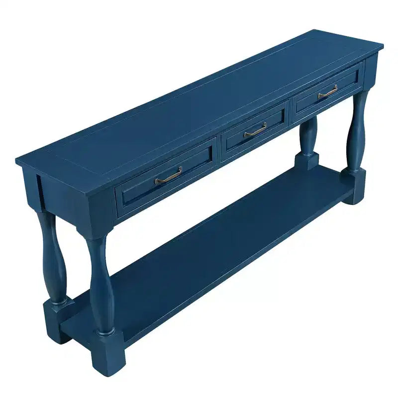 Table console vintage en pin de 61 po avec 3 tiroirs et une étagère inférieure – Blanche