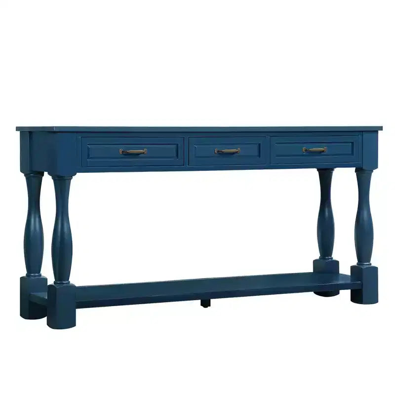 Table console vintage en pin de 61 po avec 3 tiroirs et une étagère inférieure – Blanche