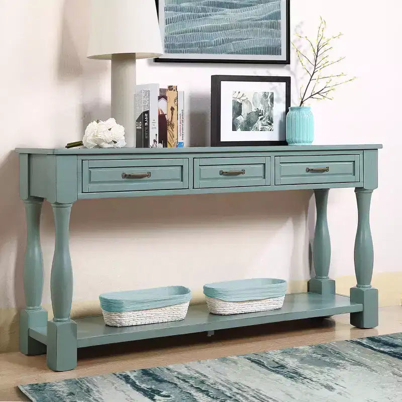 Table console vintage en pin de 61 po avec 3 tiroirs et une étagère inférieure – Blanche