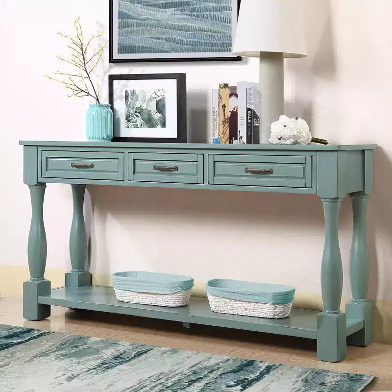Table console vintage en pin de 61 po avec 3 tiroirs et une étagère inférieure – Blanche
