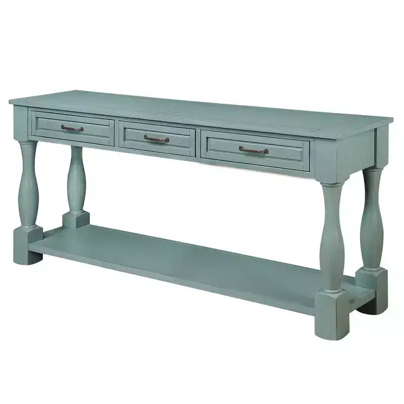 Table console vintage en pin de 61 po avec 3 tiroirs et une étagère inférieure – Blanche
