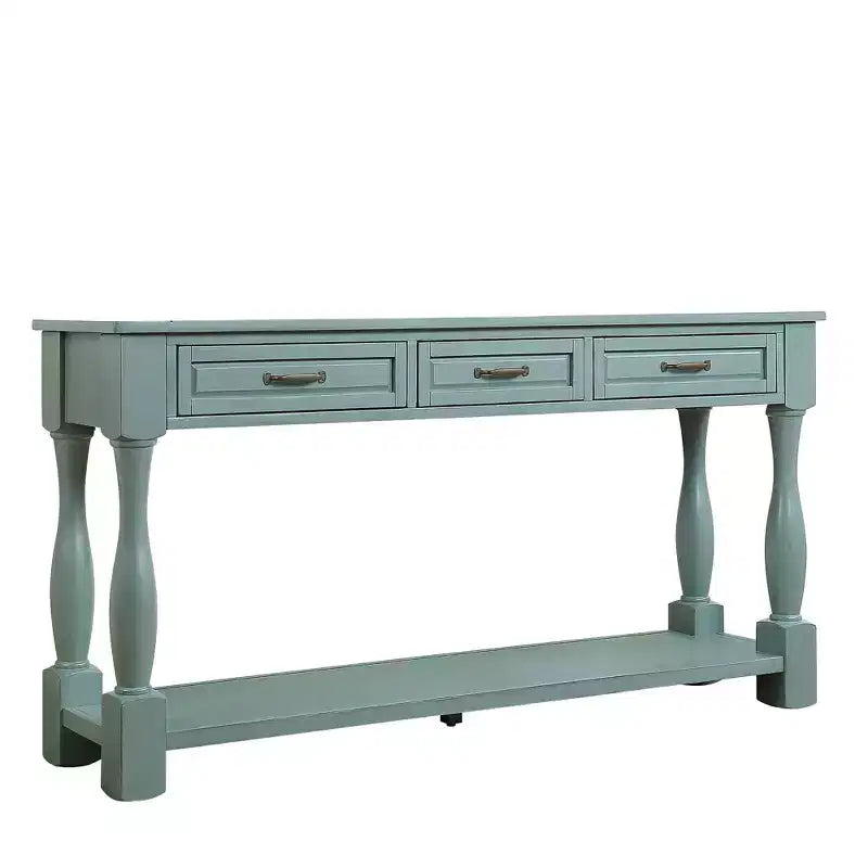 Table console vintage en pin de 61 po avec 3 tiroirs et une étagère inférieure – Blanche