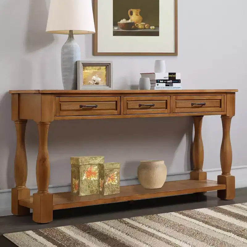 Table console vintage en pin de 61 po avec 3 tiroirs et une étagère inférieure – Blanche