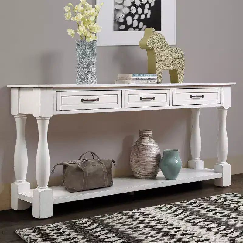 Table console vintage en pin de 61 po avec 3 tiroirs et une étagère inférieure – Blanche