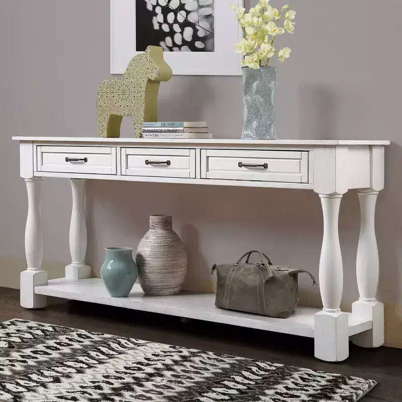 Table console vintage en pin de 61 po avec 3 tiroirs et une étagère inférieure – Blanche