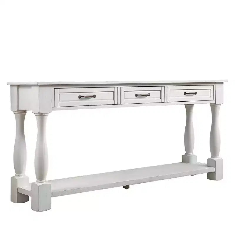Table console vintage en pin de 61 po avec 3 tiroirs et une étagère inférieure – Blanche