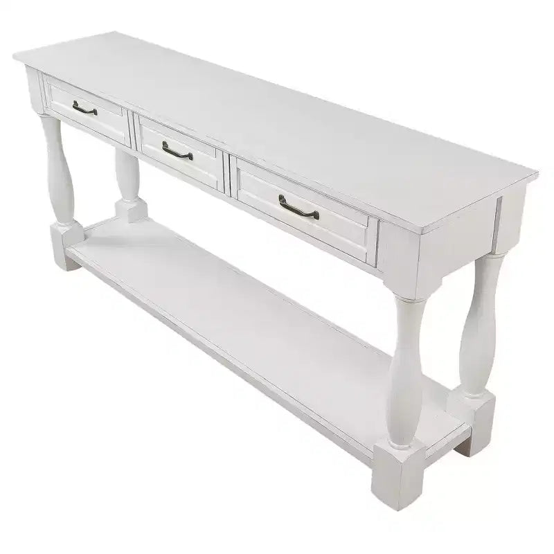 Table console vintage en pin de 61 po avec 3 tiroirs et une étagère inférieure – Blanche