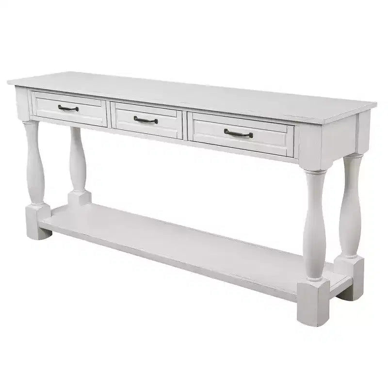 Table console vintage en pin de 61 po avec 3 tiroirs et une étagère inférieure – Blanche