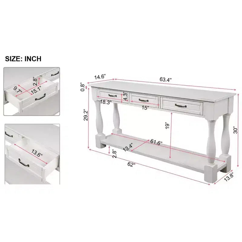 Table console vintage en pin de 61 po avec 3 tiroirs et une étagère inférieure – Blanche