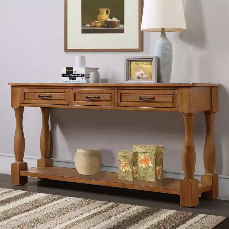 Table console vintage en pin de 61 po avec 3 tiroirs et une étagère inférieure – Blanche