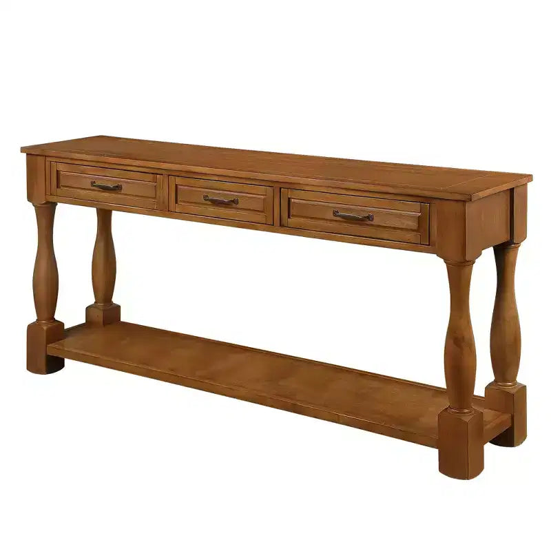 Table console vintage en pin de 61 po avec 3 tiroirs et une étagère inférieure – Blanche