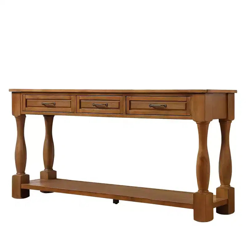 Table console vintage en pin de 61 po avec 3 tiroirs et une étagère inférieure – Blanche