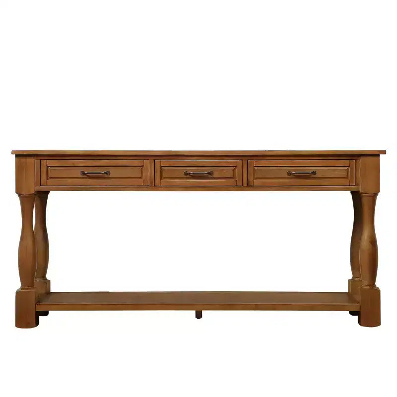 Table console vintage en pin de 61 po avec 3 tiroirs et une étagère inférieure – Blanche