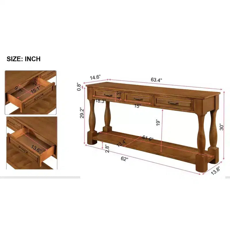 Table console vintage en pin de 61 po avec 3 tiroirs et une étagère inférieure – Blanche