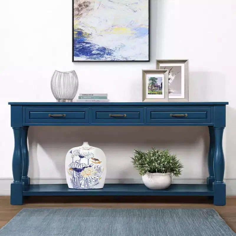 Table console vintage en pin de 61 po avec 3 tiroirs et une étagère inférieure – Blanche