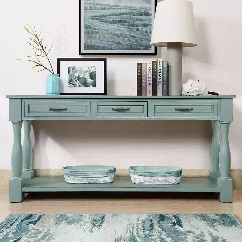 Table console vintage en pin de 61 po avec 3 tiroirs et une étagère inférieure – Blanche