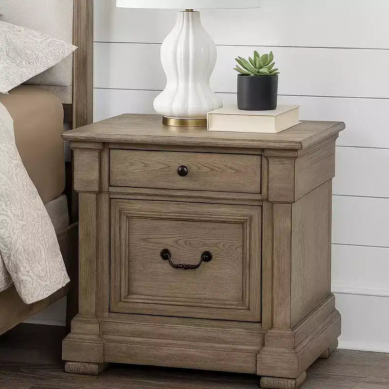 Table de chevet rustique gris patiné en bois massif avec 2 tiroirs, 71 cm