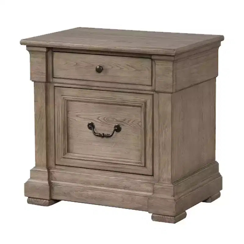 Table de chevet rustique gris patiné en bois massif avec 2 tiroirs, 71 cm