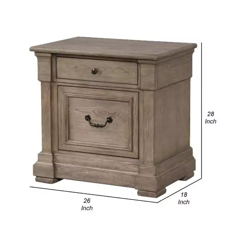 Table de chevet rustique gris patiné en bois massif avec 2 tiroirs, 71 cm
