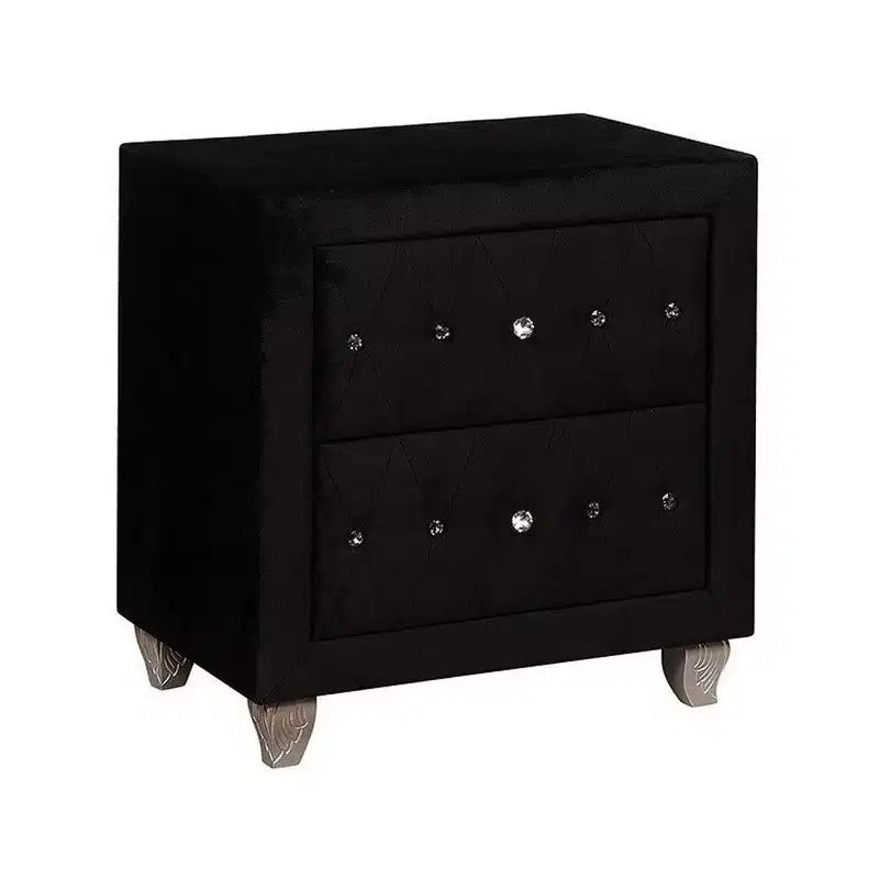 Table de chevet Glam en velours noir avec 2 tiroirs et poignées en cristal