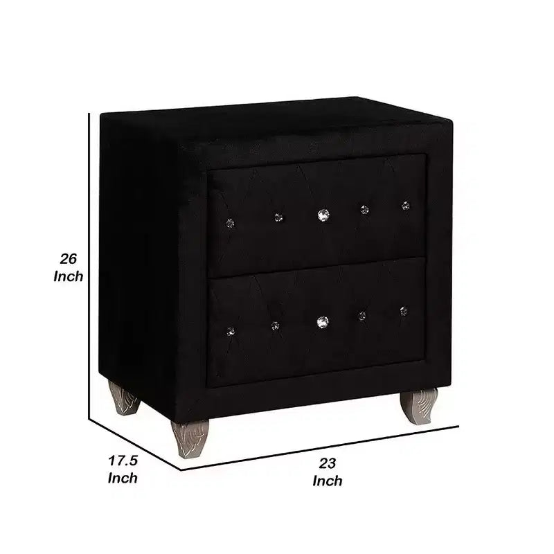 Table de chevet Glam en velours noir avec 2 tiroirs et poignées en cristal