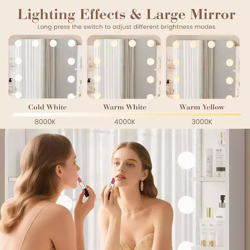 Coiffeuse avec Miroir et 12 Lumières LED, Table de Maquillage Blanche avec Prise de Courant, Meuble Moderne pour Chambre à Coucher