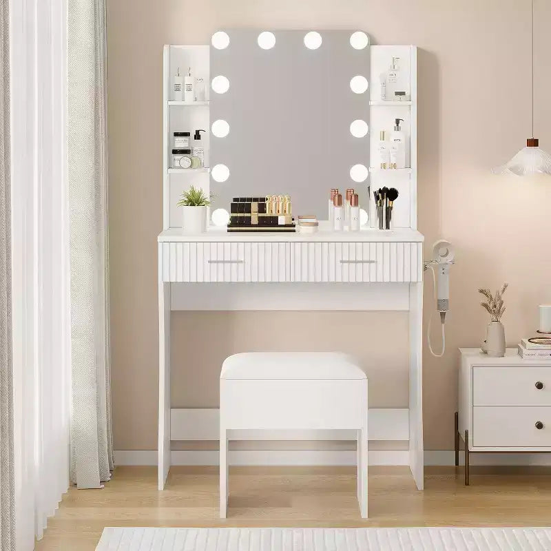 Coiffeuse avec Miroir et 12 Lumières LED, Table de Maquillage Blanche avec Prise de Courant, Meuble Moderne pour Chambre à Coucher