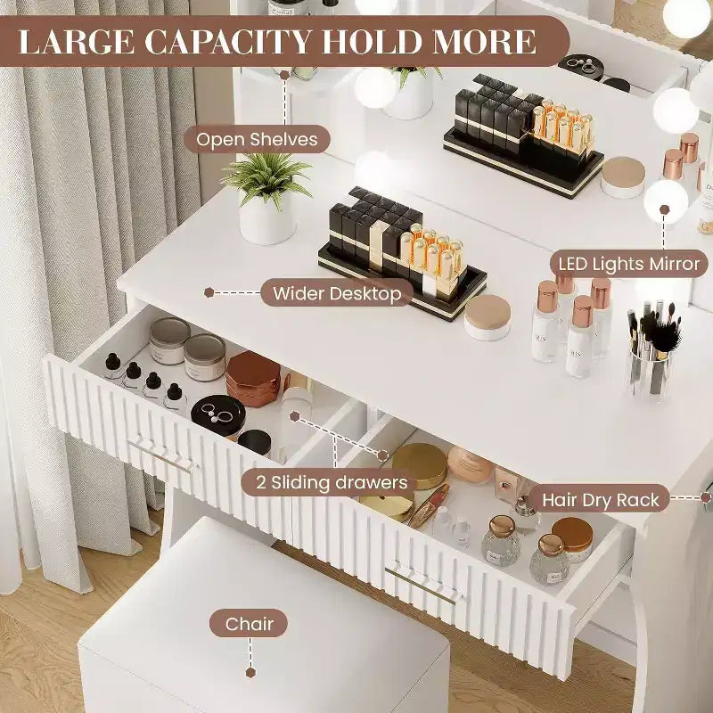 Coiffeuse avec Miroir et 12 Lumières LED, Table de Maquillage Blanche avec Prise de Courant, Meuble Moderne pour Chambre à Coucher