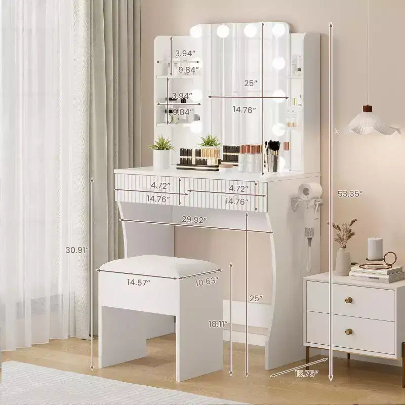 Coiffeuse avec Miroir et 12 Lumières LED, Table de Maquillage Blanche avec Prise de Courant, Meuble Moderne pour Chambre à Coucher