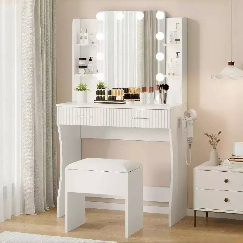 Coiffeuse avec Miroir et 12 Lumières LED, Table de Maquillage Blanche avec Prise de Courant, Meuble Moderne pour Chambre à Coucher