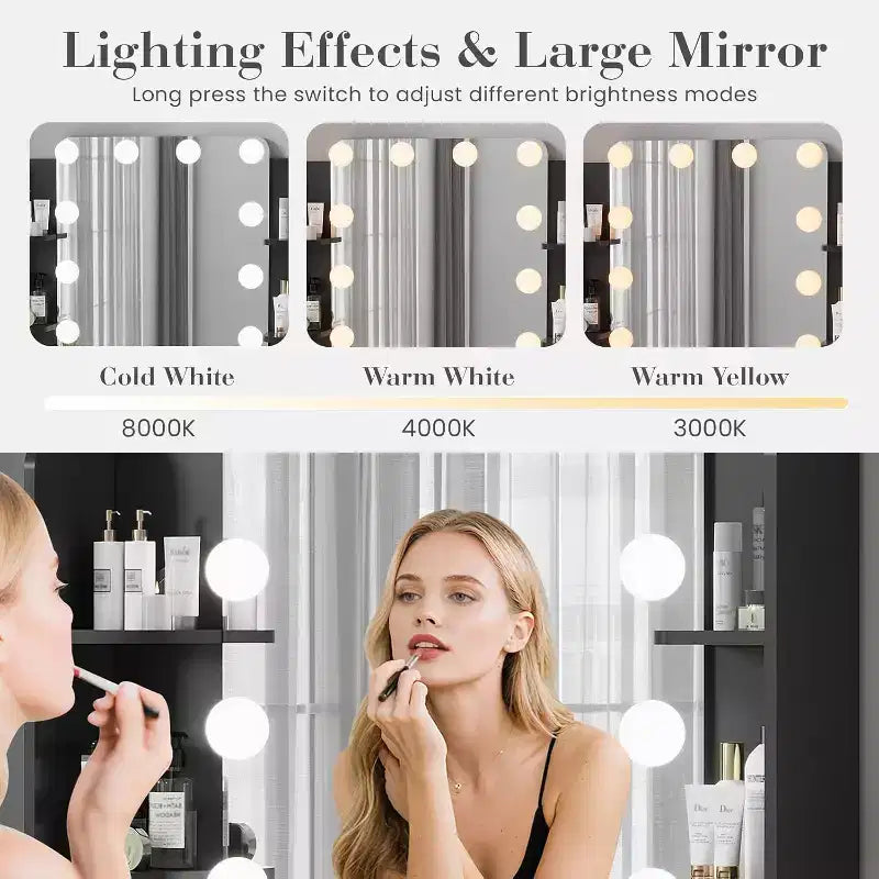 Coiffeuse avec Miroir et 12 Lumières LED, Table de Maquillage Blanche avec Prise de Courant, Meuble Moderne pour Chambre à Coucher
