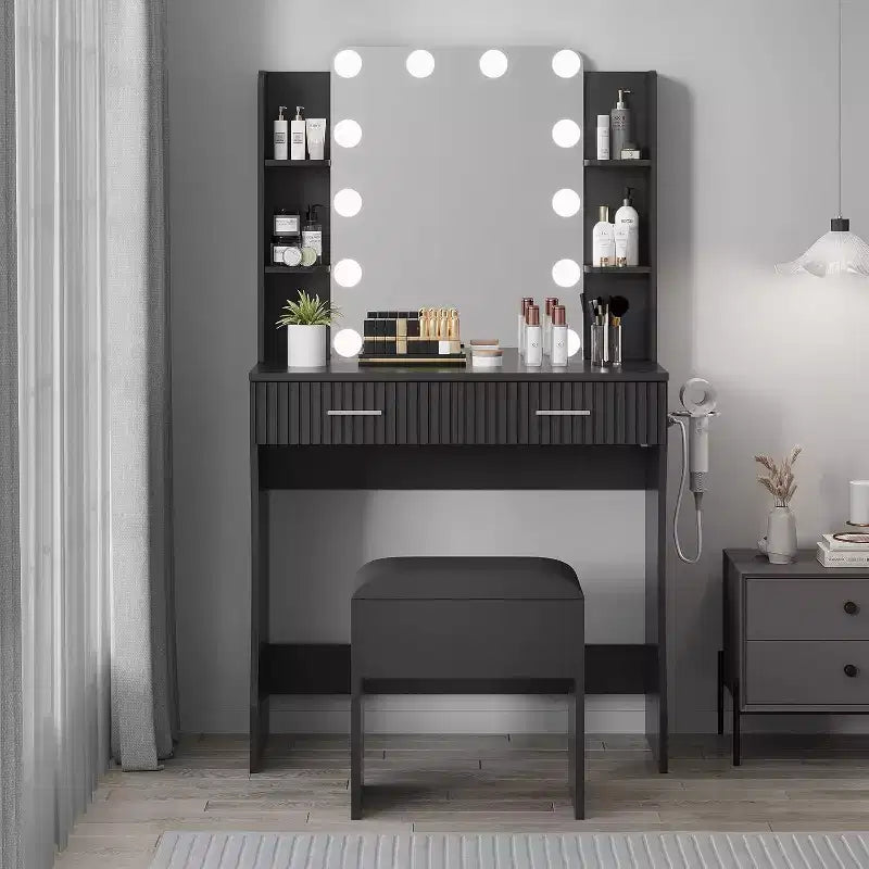 Coiffeuse avec Miroir et 12 Lumières LED, Table de Maquillage Blanche avec Prise de Courant, Meuble Moderne pour Chambre à Coucher
