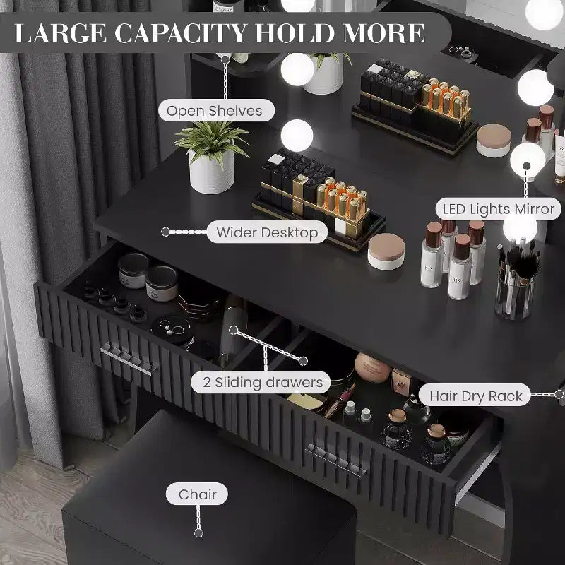 Coiffeuse avec Miroir et 12 Lumières LED, Table de Maquillage Blanche avec Prise de Courant, Meuble Moderne pour Chambre à Coucher