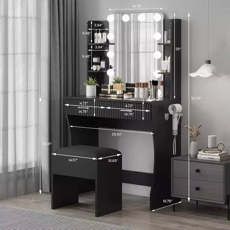 Coiffeuse avec Miroir et 12 Lumières LED, Table de Maquillage Blanche avec Prise de Courant, Meuble Moderne pour Chambre à Coucher