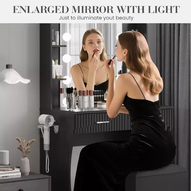 Coiffeuse avec Miroir et 12 Lumières LED, Table de Maquillage Blanche avec Prise de Courant, Meuble Moderne pour Chambre à Coucher
