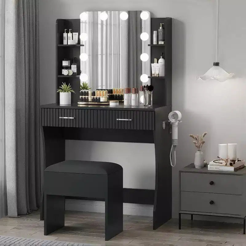 Coiffeuse avec Miroir et 12 Lumières LED, Table de Maquillage Blanche avec Prise de Courant, Meuble Moderne pour Chambre à Coucher